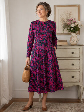 SUSAN BENNETT Vintage 90s Womens Midi Dress Size 10 Cottagecore Floral Pleat